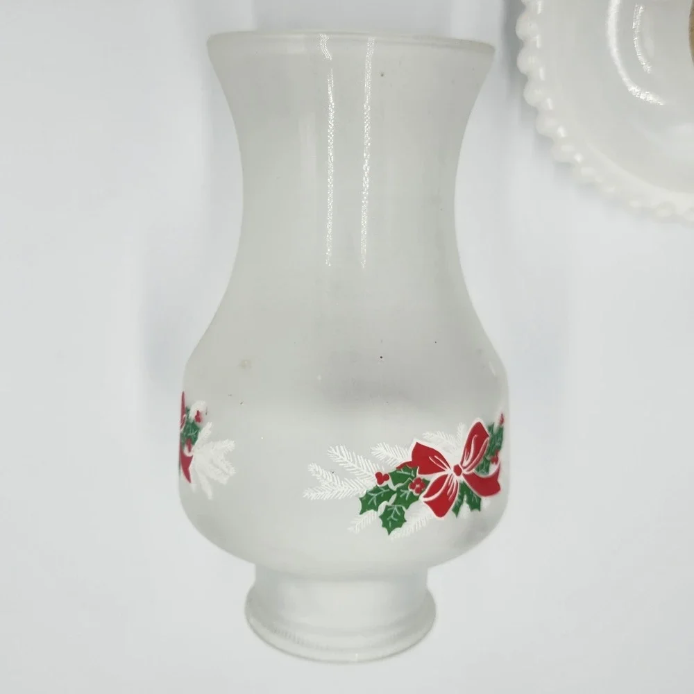 Leviton Vintage Christmas Hurricane Lamp Milk Glass Hobnail Frosted Holly Bow